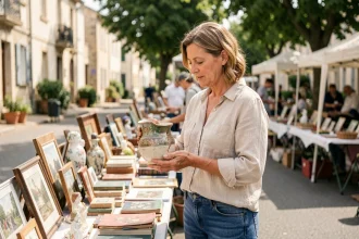 Femme examinant une poterie ancienne sur un vide grenier dans les Hauts-de-Seine par une journée de dimanche