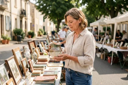 Femme examinant une poterie ancienne sur un vide grenier dans les Hauts-de-Seine par une journée de dimanche