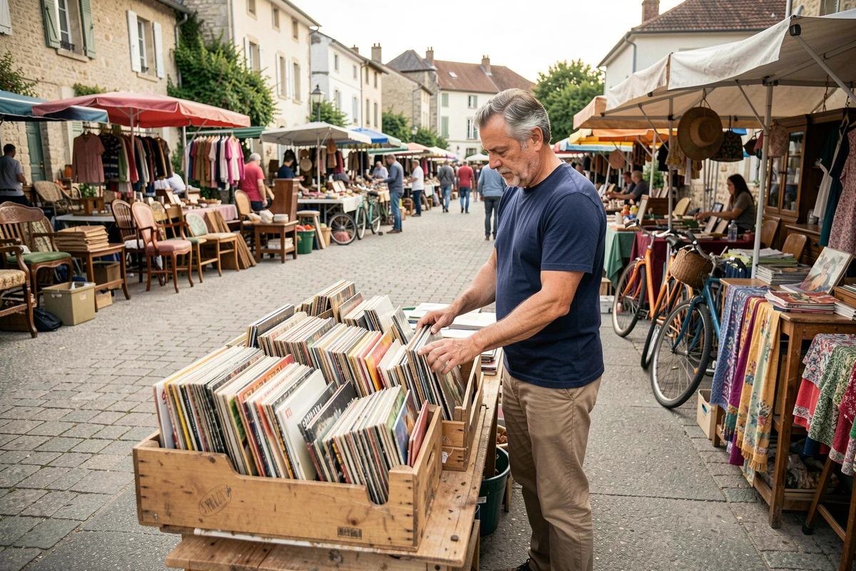Homme parcourant des vinyles anciens sur un marché vide grenier en plein air dans le 92