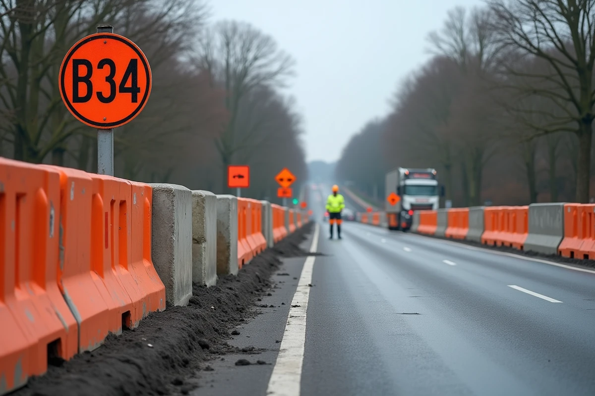 Vue d'ensemble d'un chantier urbain avec séquence complète de panneaux temporaires incluant le panneau B34 en sortie de zone