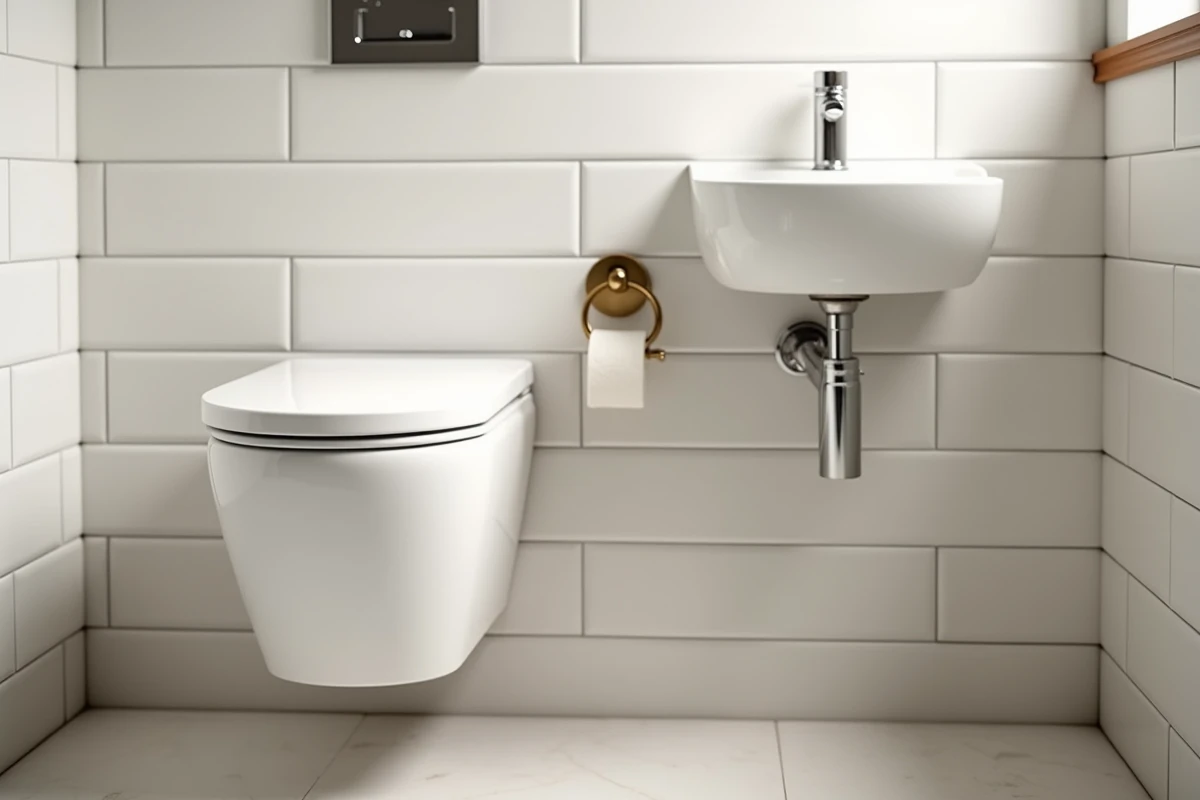 Lave-mains mural compact et WC suspendu côte à côte dans des WC étroits avec accessoires assortis en laiton brossé