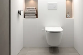 WC suspendu dans une salle de bain moderne avec niche murale encastrée et serviettes rangées sur étagère flottante