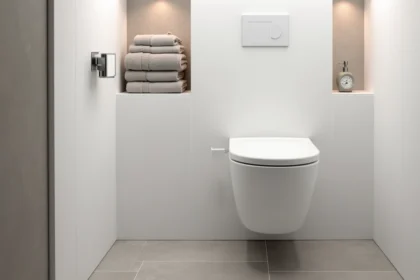 WC suspendu dans une salle de bain moderne avec niche murale encastrée et serviettes rangées sur étagère flottante
