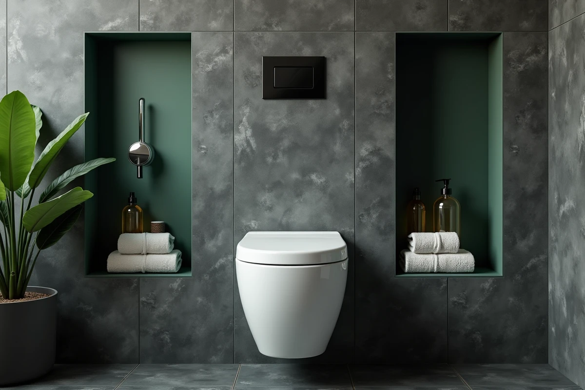 WC suspendu avec plaque de déclenchement noire mat encadré de niches encastrées décoratives en carrelage effet pierre anthracite